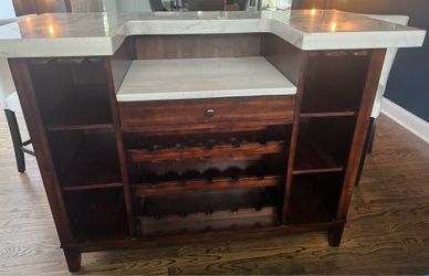 Dry Bar, white marble top, with two bar chairs
