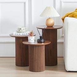 Round Nesting Coffee Table Set of 3,Mid Century Modern Fluted Coffee and End Table Set,Small Circle Wooden Side Table Drink Table (Walnut)