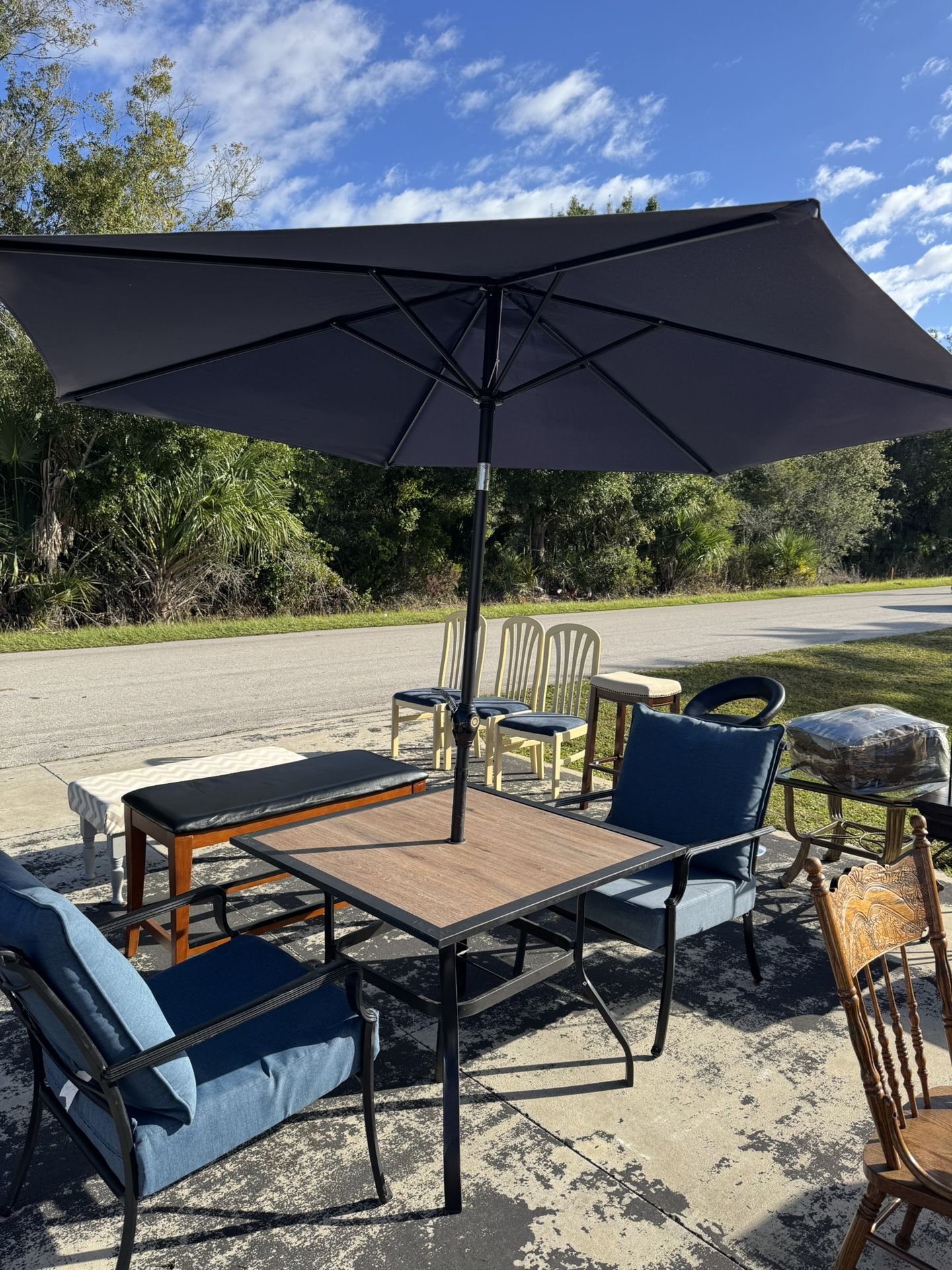 Patio Table, 2 Chairs & Umbrella 