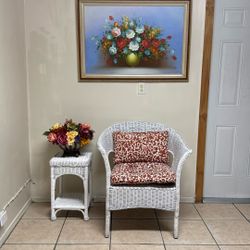 White Wicker Chair With Cushions And Table 