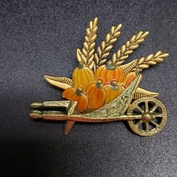 Vintage Brass Tone Wheelbarrow Enamel Pumpkin Wheat Brooch Fall/Autumn Fashion