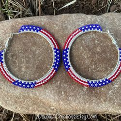 American Flag 1 1/2” Beaded Hoops, New, Handmade By Me