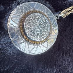 Aztec Calendar Silver Medallion Pendant – Stamped “Silver / Made in Mexico” – Vintage Mexican Necklace
