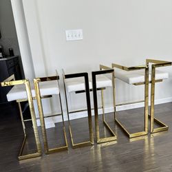 Set Of 3 Gold & White Leather Kitchen Stools 