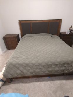 Wood Bed Frame with Upholstered Headboard