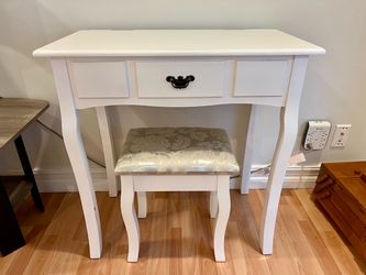 Small white vanity table with drawer and chair