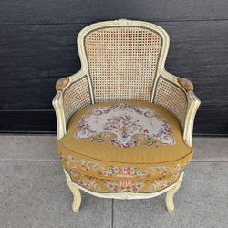 Beautiful Antique Caned Chair With Vintage Yellow Embroidery Upholstery 