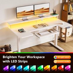 U Shaped Electric Standing Desk with Keyboard Tray, 55 Inch Height Adjustable Desk with Power Outlets & LED Lights, Sit Stand Table with Mo