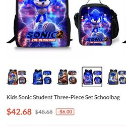 Sonic Hedge Hog Back Pack, Lunch Box & Pencil Case 