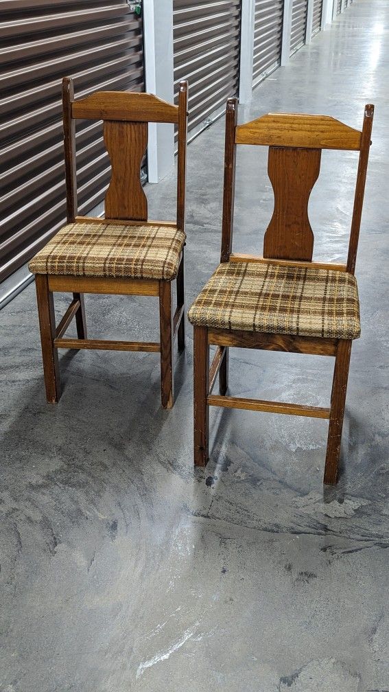 Vintage MCM Quality Dinette Inc Set of Two Plaid Wood Chairs