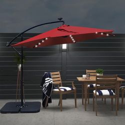 10 ft. Solar Lighted Outdoor Offset Umbrella, Cantilever Patio Umbrella in Red