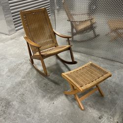Vintage Mid century modern Hans Wegner Danish style woven rope rocker with ottoman located by the Miami Design District.