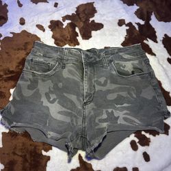 Seethrusouls camo denim short shorts 