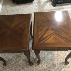 Pair of Short Medium Dark Wood Nightstands with Drawers