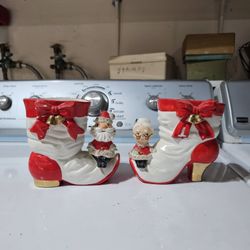 Vintage "NOEL Decorations Japan" Santa and Mrs Claus Sitting on the Toe of Bow and Bell Trimmed Christmas Boot - Love Mrs C's High Heel!