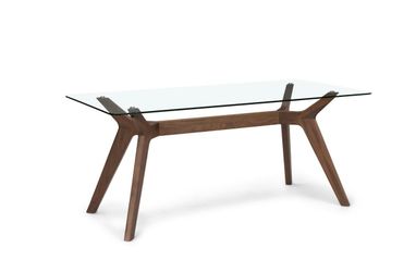 Article Emmer 71” Glass Dining Table — Walnut Base,  Seats 6