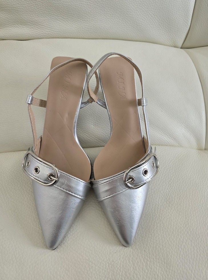 Women's Silver Leather Slingback, Sizes 37, 38, 39