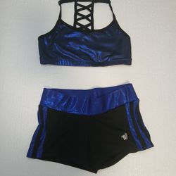 Cheer Metallic Blue Justice Size 30 Bra & Varsity YM Shorts  Excellent Condition
