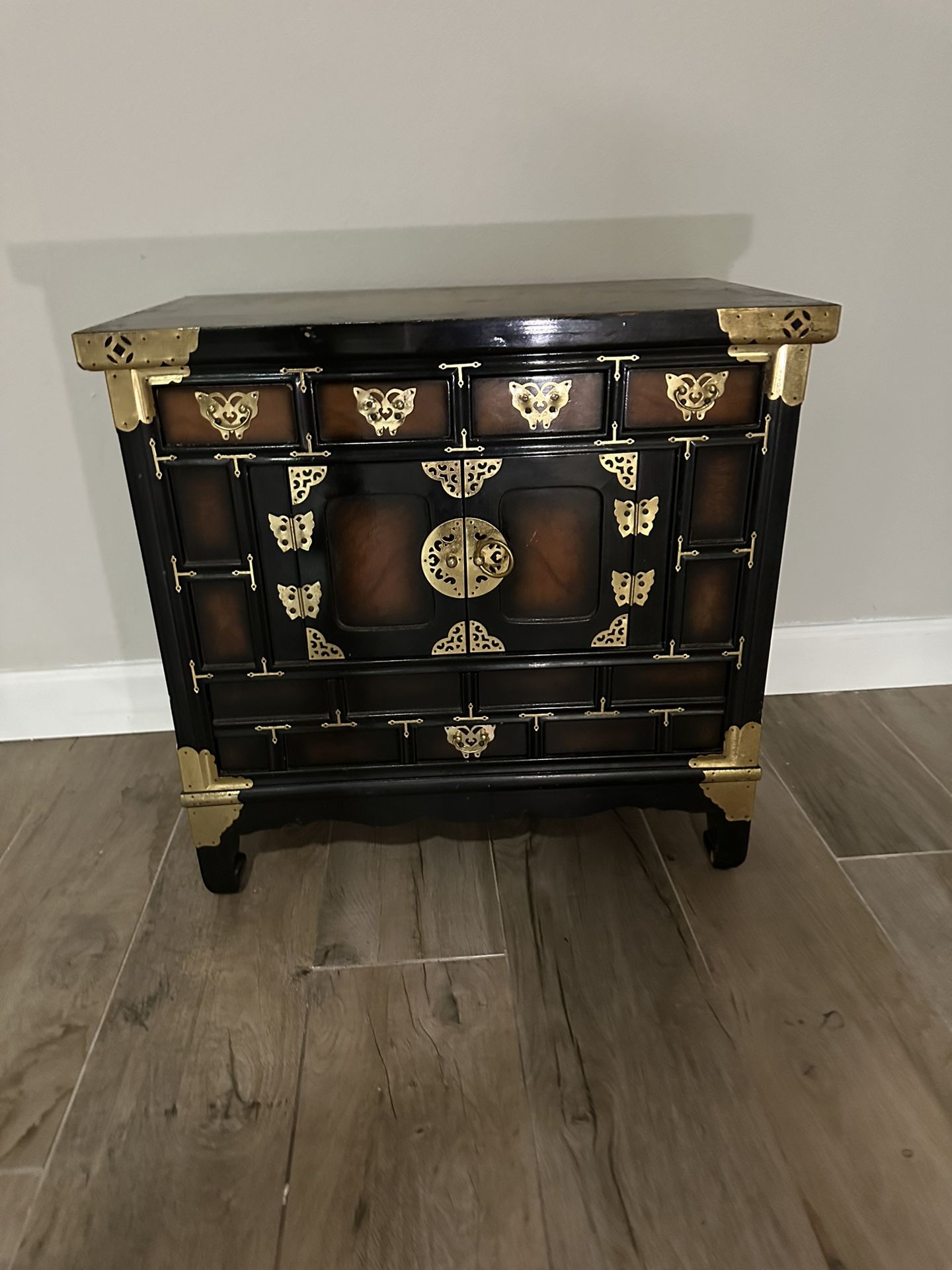Chinoiserie Black & Faux Burl Brass Mounted Chest, 1970s