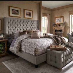 Wingback Button Tufted Tall Headboard Linen, King Bed - Gray