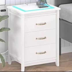 Nightstand with LED Lights and Charging Station, 3 Drawers End Table Bedside Table for Bedroom (White)