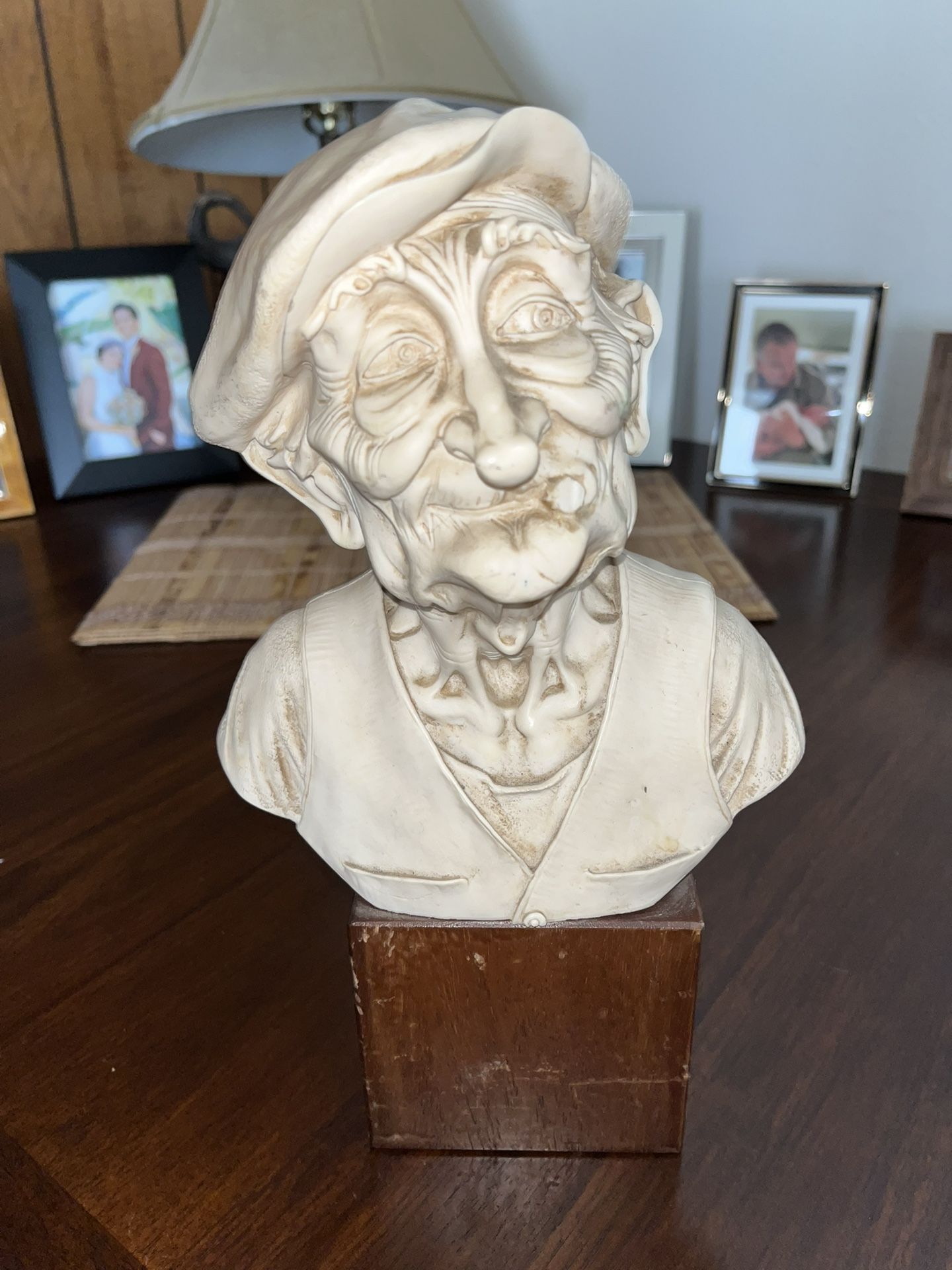 Vintage Capodimonte Old Man Smoking Cigar Marble Bust Sculpture by Giuseppe Armani