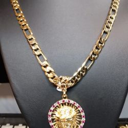 14K GOLDFILLED CHAIN FIGARO AND CHARM JESUS CZ