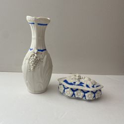Pair Antique Bennington Parian Ware Blue Grape Motif Vase & Trinket Box 