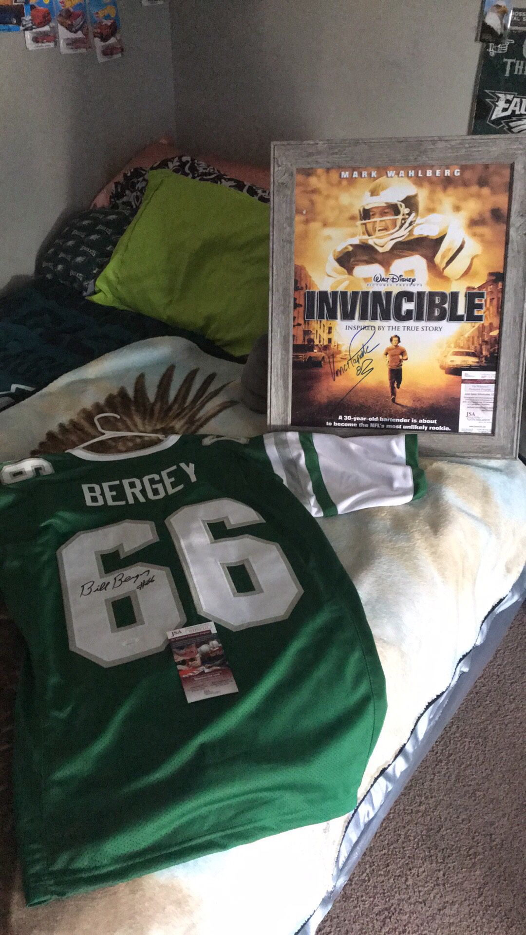 AUTOGRAPHED VINCE PAPALE INVINCIBLE MOVIE POSTER AND AN AUTOGRAPHED BILL BERGEY EAGLES JERSEY