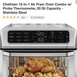 Chefman 12-in-1 Air Fryer Oven Combo w/ Probe Thermometer, 20 Qt Capacity - Stainless Steel  Pick up in West Covina  FIVE APPLIANCES IN ONE: Now you c