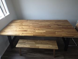 Solid Acacia Wood Dining Table with Matching Bench – Very Good Condition