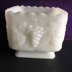 Opaque Milk Glass Vintage Pedestal Candy Dish Grape Leaf Pattern
