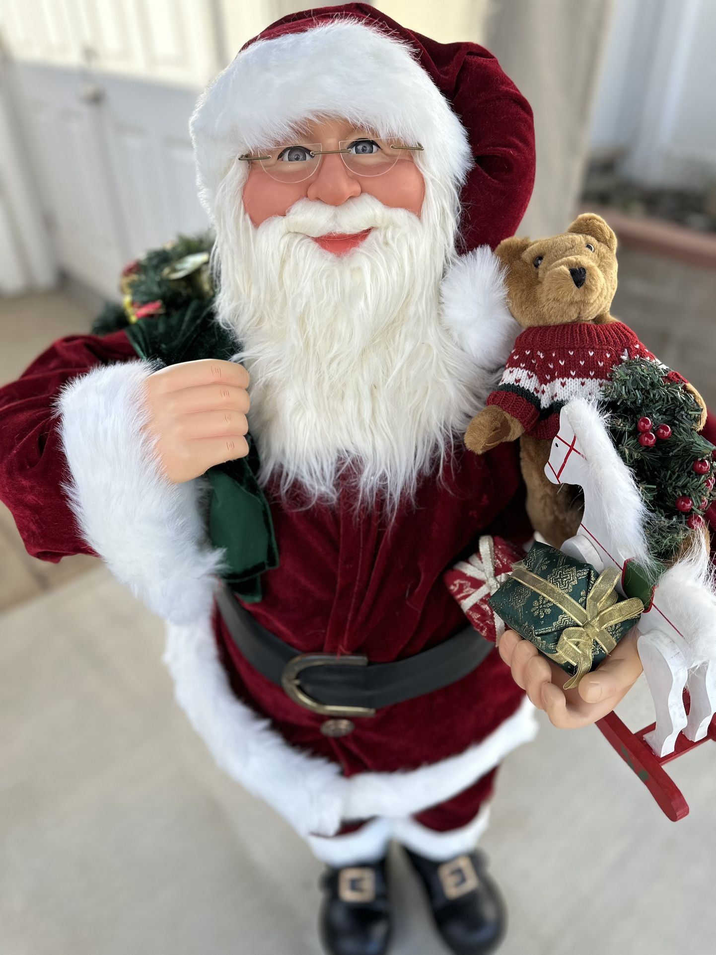 Tall Vtg Jolly Santa Statue Red Velvet Suit Glasses Toy Bag