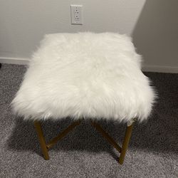 Decorative white Faux Fur Chair, Footstool, ottoman with gold metal legs