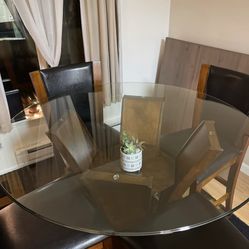 Round Glass Dining Table Set w/ 6 Chairs – Solid Wood Base
