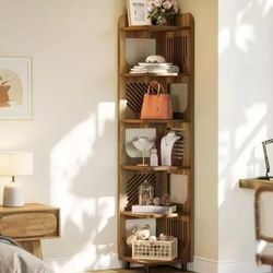 JW1134 Narrow Corner Bookshelf, 6 Tiers Tall Skinny Corner Shelf Display Shelf with Hollow Design for Living Room, Yellow