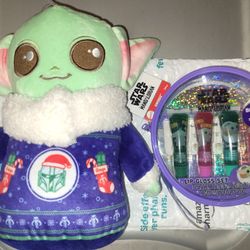 Star Wars Lipgloss Set. Yoda. Grogu. Nail Sticker Sheet. Plushy Stuffed Animal.