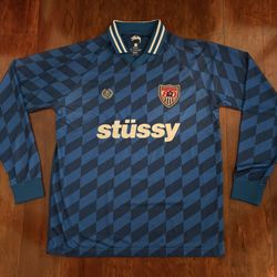 Vintage Stüssy Blue Diamond Pattern Soccer Long Sleeve Shirt Size Medium