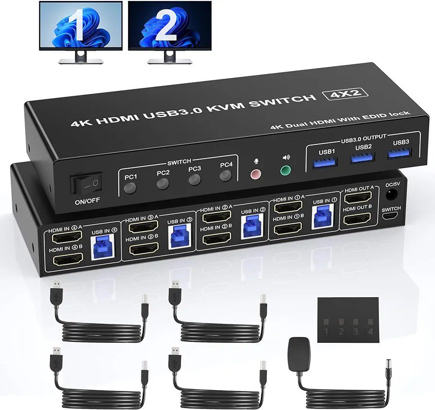 USB 3.0 KVM Switch HDMI Dual Monitors 4 Computers, Supports EDID, 4K 60Hz KVM Switch 2 Monitors for 4 PCs, with Audio Microphone Output and 3 USB 3.0 