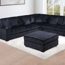 Corduroy Seccional.     6 - Pc Seccional XL   Color Black.    New In A Box.     🔥    Seccional  Color Negro   Nuevo En Caja 