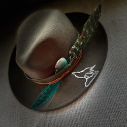 The wolf Western Hat One Size Fits All Olive Green Color And turquoise Feather & Agate  