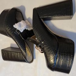 EGO Jordyn chunky heeled mules with gold chain in black croc