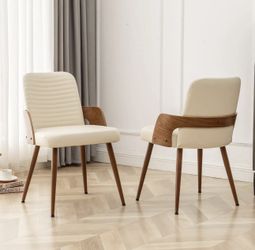 Set of 2 – Mid Century Modern Faux Leather Accent Chairs, Beige