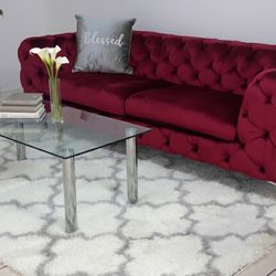 🛋 Sofá Chesterfield Moderno de Terciopelo + Mesa de Centro de Vidrio