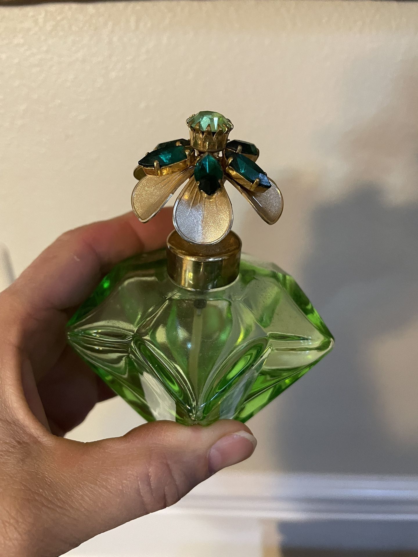 Vintage Green Perfume Bottle Jeweled Rhinestone Topper
