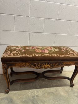 Antique French Style Carved Wood Needlepoint Bench