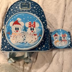 Loungefly Disney Snowman Mickey And Minnie Snow Globe Mini Backpack And Wallet