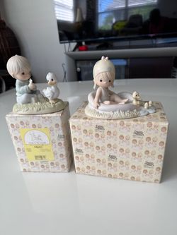 2 VINTAGE Precious Moments August Figurine 1987Girl & Pool & Friend To The Very End 1993