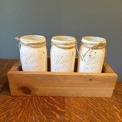 3 Glass Mason Jars with Wooden Box Centerpiece