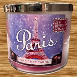 RARE Bath Body Works PARIS PINK CHAMPAGNE 3-Wick Candle Glitter Lid  New 14.5oz